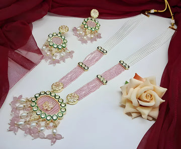 Jewel City Handcrafted Kundan Meenakari Polki Rose Quartz Statement Necklace Set - Ethnic Bridal Elegance - Distacart