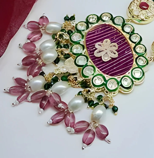 Jewel City Handcrafted Kundan Meenakari Polki Emerald & Rose Quartz Statement Necklace Set - Ethnic Bridal Elegance