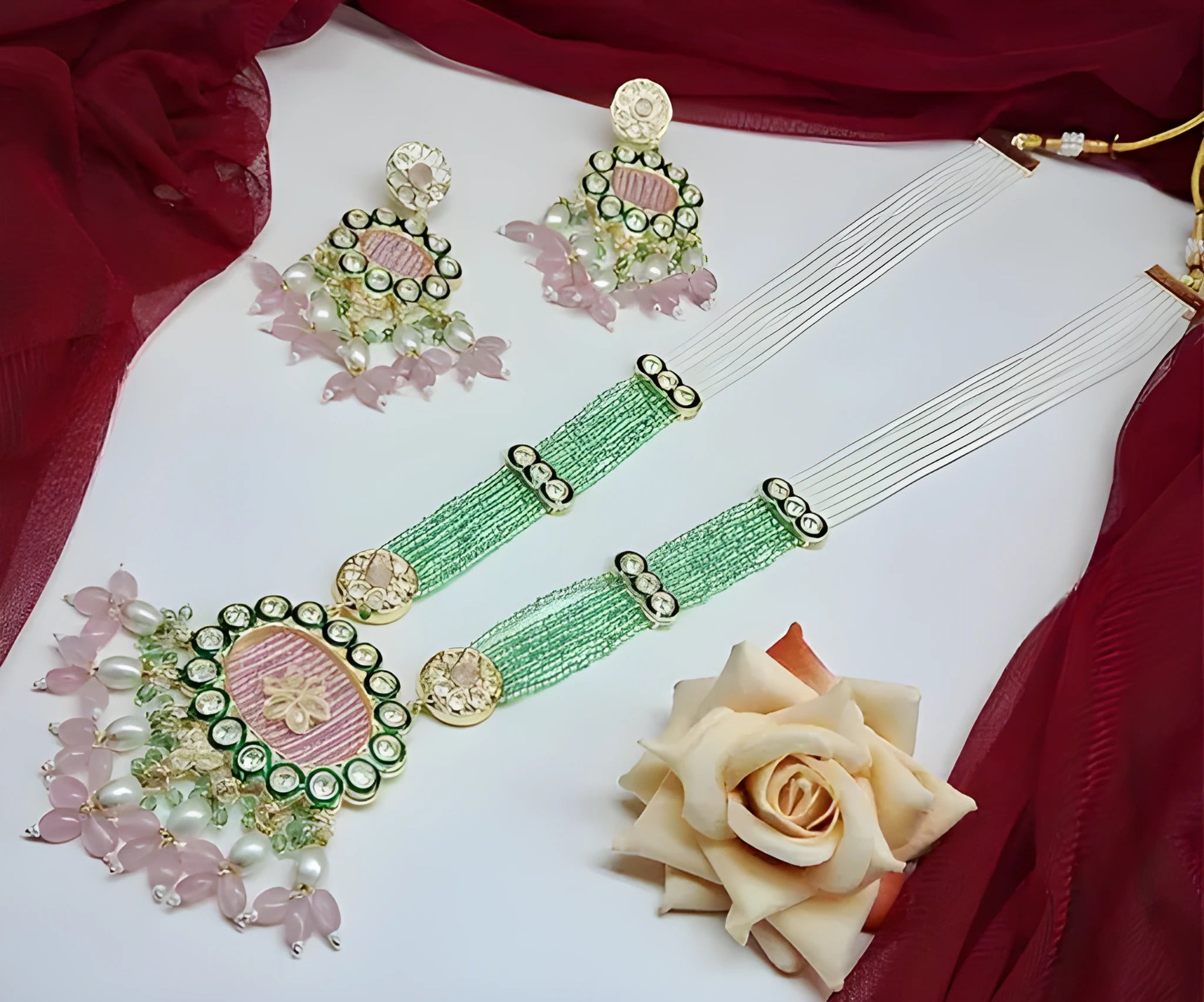 Jewel City Handcrafted Kundan Meenakari Polki Emerald & Rose Quartz Statement Necklace Set - Ethnic Bridal Elegance