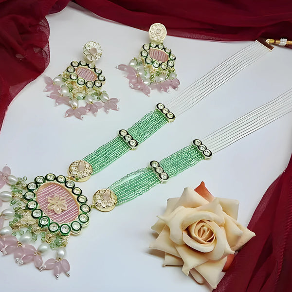 Jewel City Handcrafted Kundan Meenakari Polki Emerald & Rose Quartz Statement Necklace Set - Ethnic Bridal Elegance