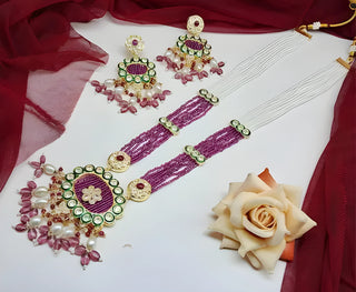 Jewel City Handcrafted Kundan Meenakari Polki Amethyst Statement Necklace Set - Ethnic Bridal Elegance
