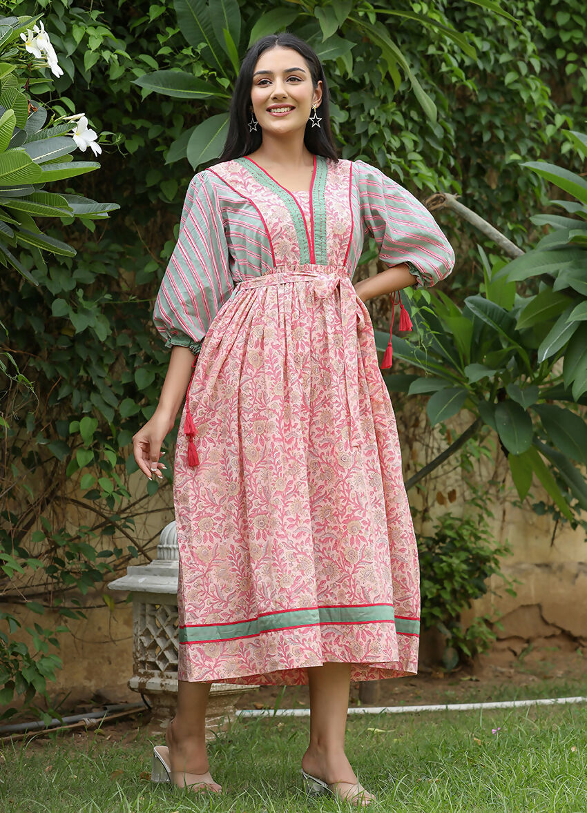 Kaajh Women's Pink Hand Block Printed Dress - Distacart