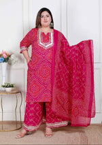Thumbnail for Miravan Plus Size Women'S Pink Bandhani Printed Straight Kurta With Palazzo & Dupatta - Distacart