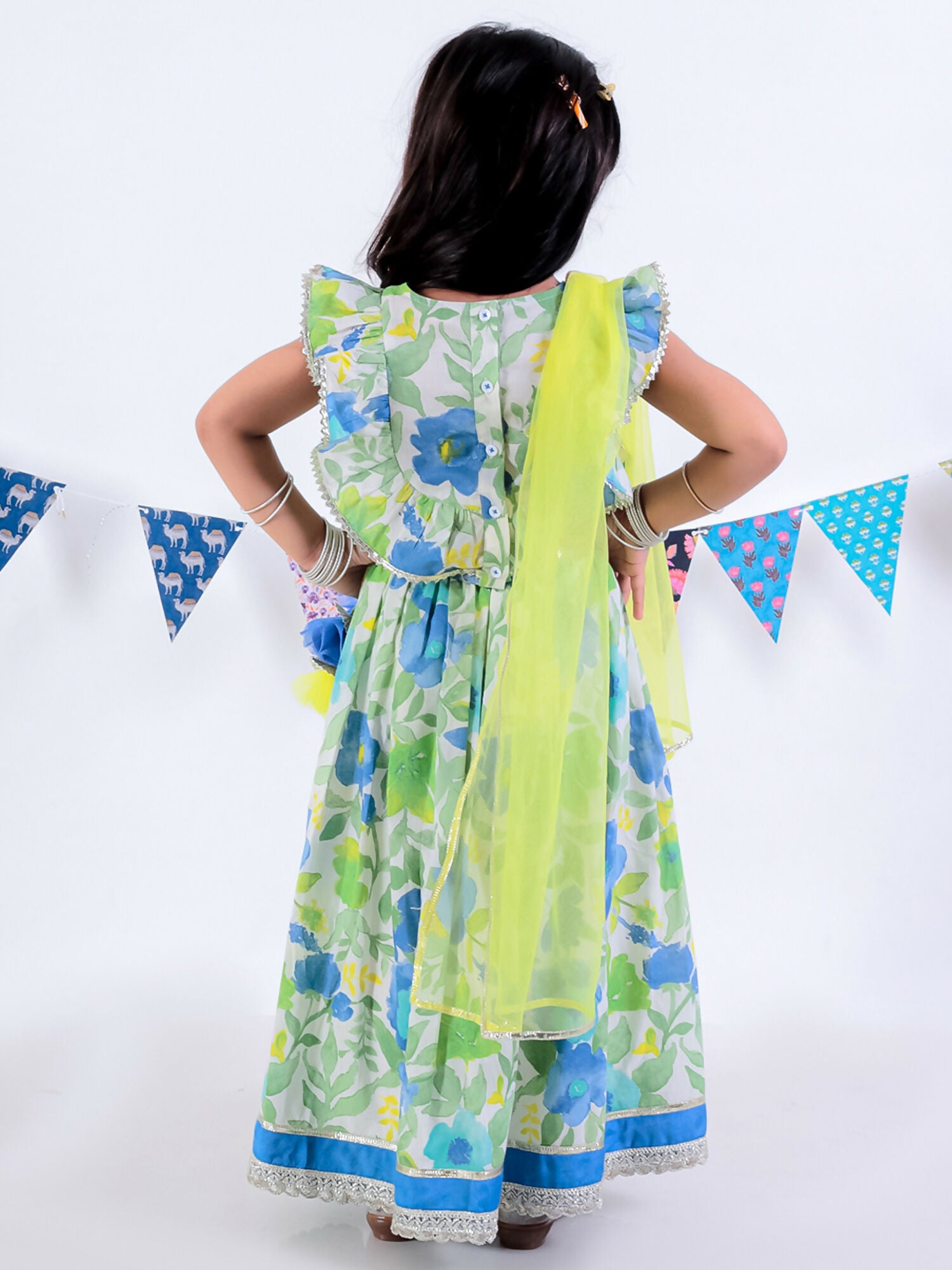 Lil Drama Jaipur Print Stylish Cotton Lehanga with Choli and Net Dupatta Set for Girls - Green - Distacart