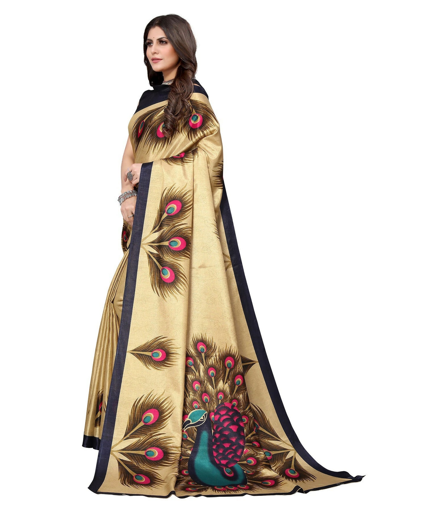 Vamika Golden Cream Printed Art Silk Saree - Distacart