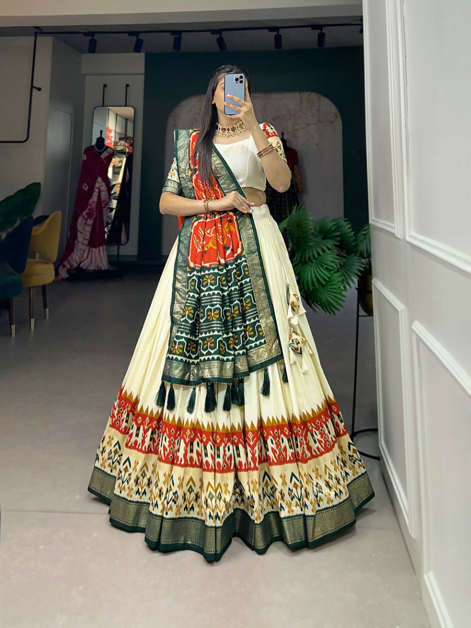Vastranavya Ethnic Wardrobe with Our Stunning Patola Printed and Foil Work Tussar Silk Lehenga with Unstitched Choli - Off White - Distacart