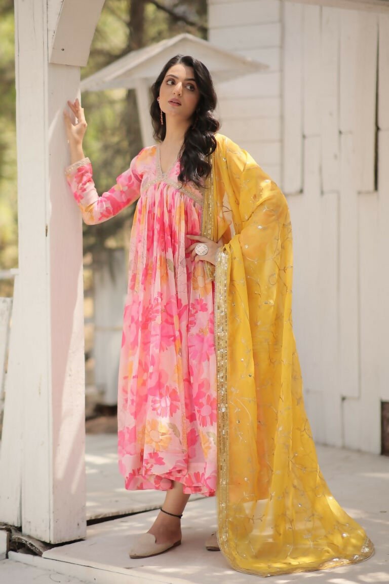 Aastha Fashion Women's Pink Russian silk Digital Printed Gown with Dupatta - Distacart