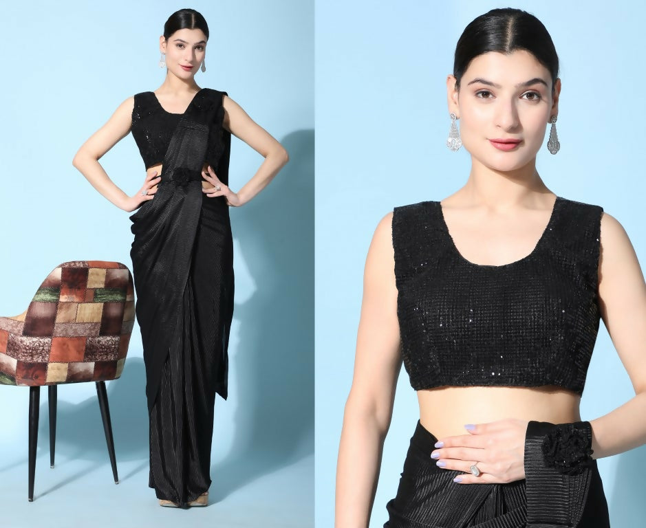 Black Imported Crush Lycra Texture Pattern Ready to Wear Saree with stitched Blouse - Nirvana - Distacart