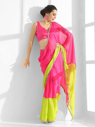 Mitera Colourblocked Mirror Work Pure Chiffon Saree - Distacart
