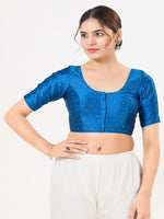 Thumbnail for Joban Fashion Cobalt-Blue Taffeta Silk Elbow Sleeveless Front Open Blouse