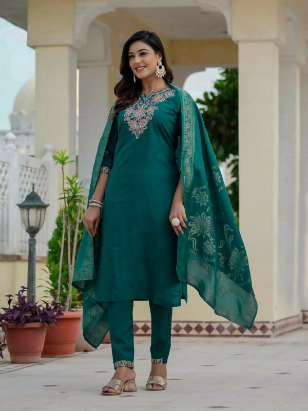 Preksha Creation Wedding Special Premium Roman Silk Coding Embroidery With Sequins Work Kurti Dupatta With Pant