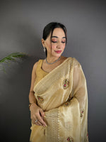 Thumbnail for Joban Fashion Light Yellow Handloom Banarasi Organza Silk Khatali Butta Work Saree - Distacart