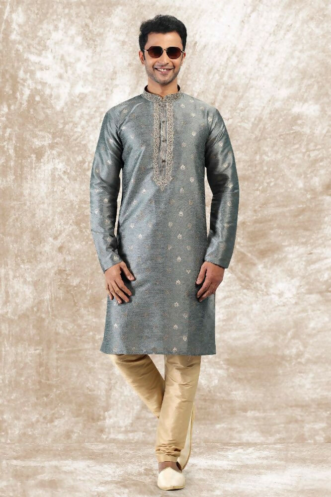 Raivat Ethnic Jacquard Silk Brocade Thread Work Kurta Pajama In Grey Colour - Distacart