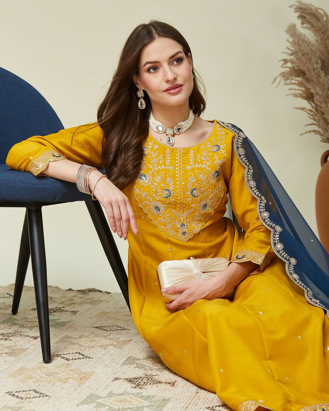 The52 Women's Beautiful Vichitra Fabric Embroidery Work Flared Anarkali Pant and Dupatta Set - Distacart