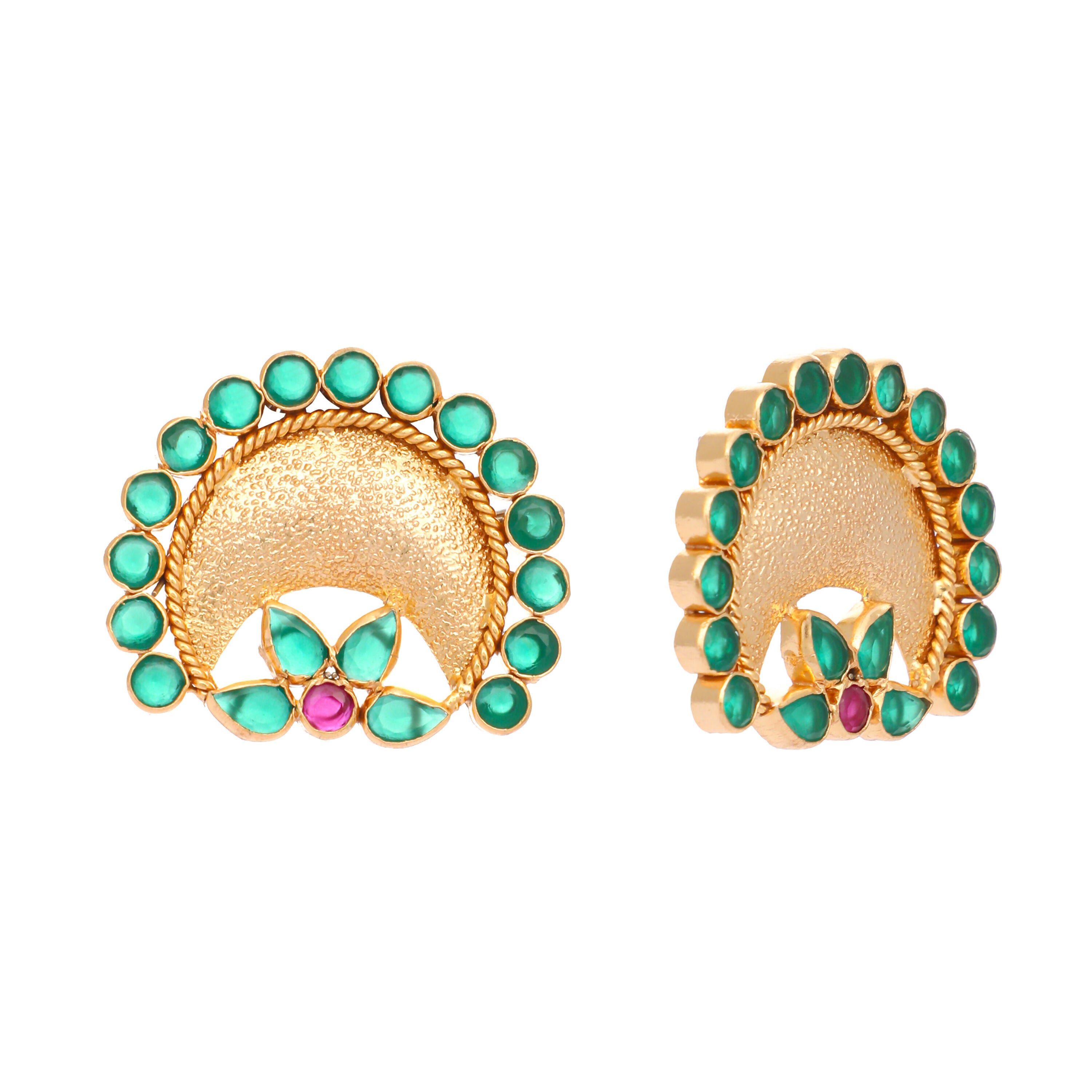 Nuyug 22K Gold Plated Faux Emerald Stone Studded Contemporary Shaped Studs