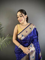 Thumbnail for Joban Fashion Royal Blue Peacock & Floral Motifs Soft Lichi Silk Kanchipuram Saree - Distacart
