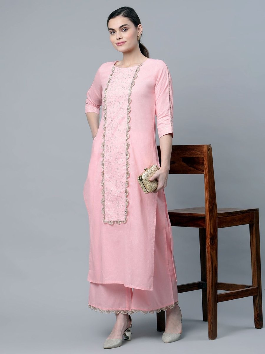 Ahalyaa Women's Baby Pink Pure Cotton Printed Kurta Palazzo Set