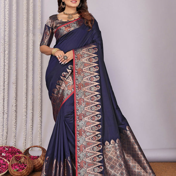 Joban Fashion Banarasi Navy Blue Jacquard Woven Soft Silk Saree - Distacart