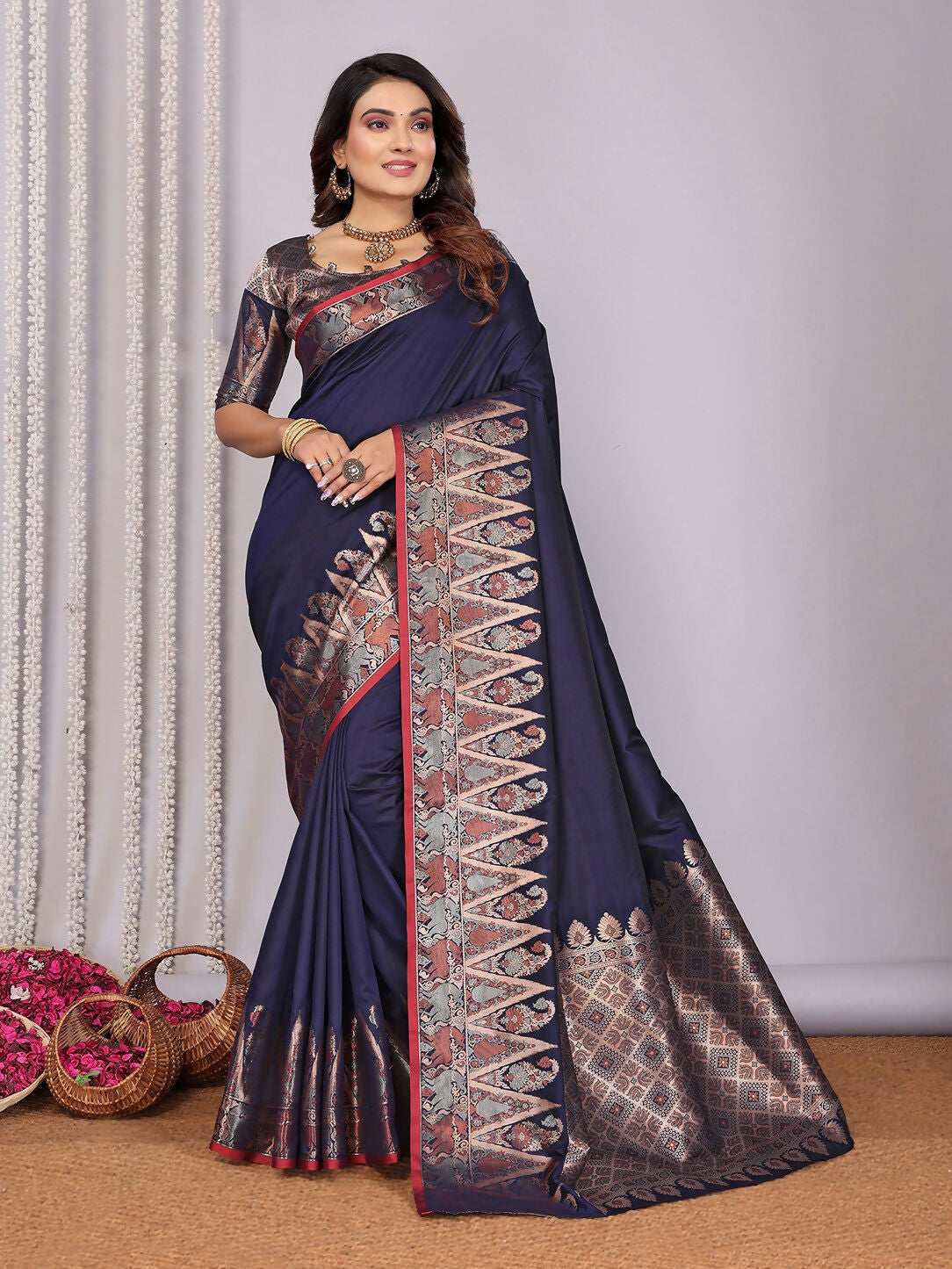 Joban Fashion Banarasi Navy Blue Jacquard Woven Soft Silk Saree - Distacart