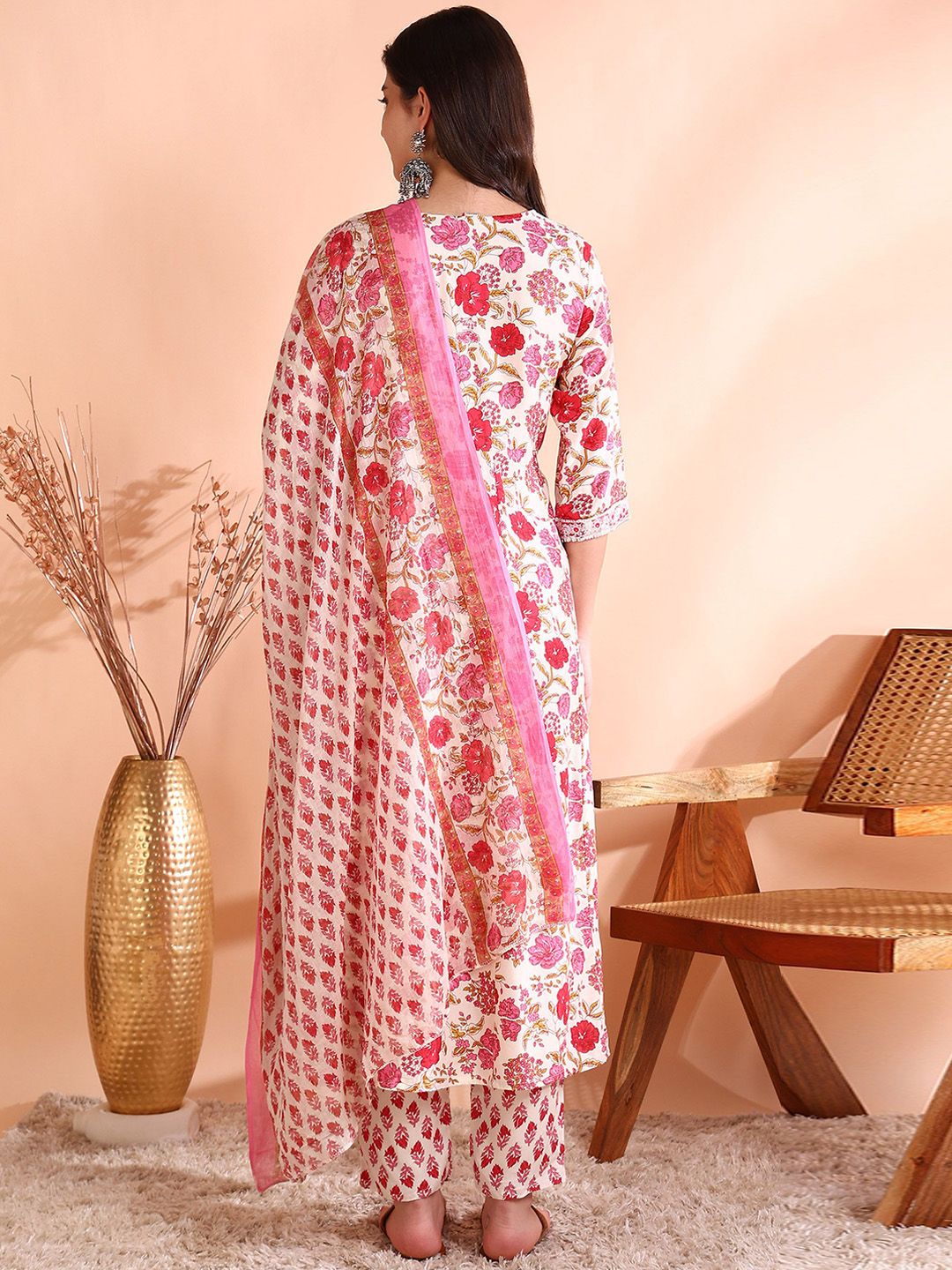 Ode by House of Pataudi Thread Work Pure Cotton Anarkali Kurta with Trousers & Dupatta - Distacart