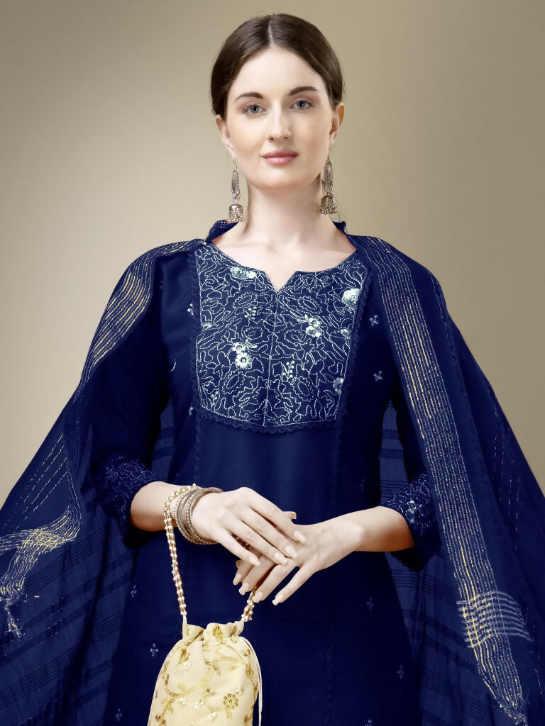 Jyoti Fashion Women's Navy Blue Cotton Blend Embroidery & Fancy Lace work Kurta with Trouser & Dupatta - Distacart