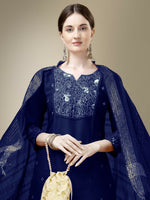 Thumbnail for Jyoti Fashion Women's Navy Blue Cotton Blend Embroidery & Fancy Lace work Kurta with Trouser & Dupatta - Distacart