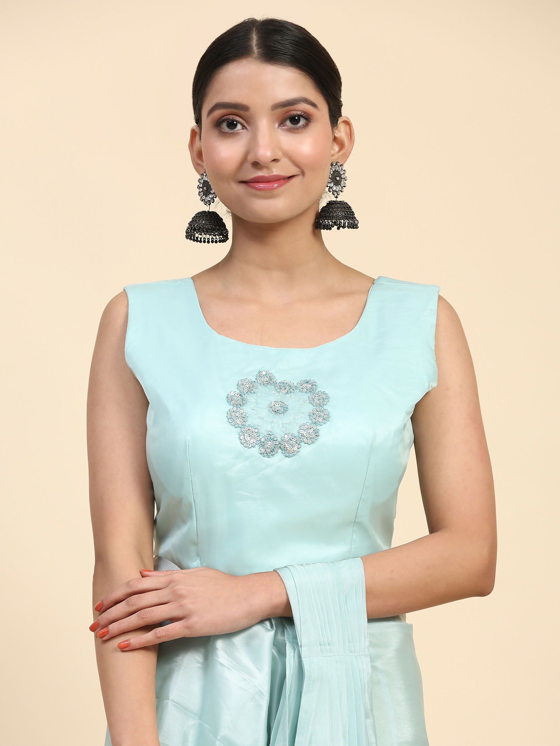 Blue Satin Solid Ready to wear Saree with stitched Blouse - Vanita - Distacart