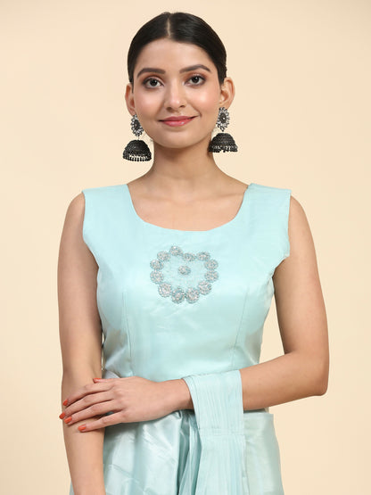 Blue Satin Solid Ready to wear Saree with stitched Blouse - Vanita - Distacart