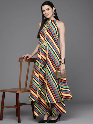 Ahalyaa Women Striped High Slit Kurta with Palazzos - Green Color - Distacart