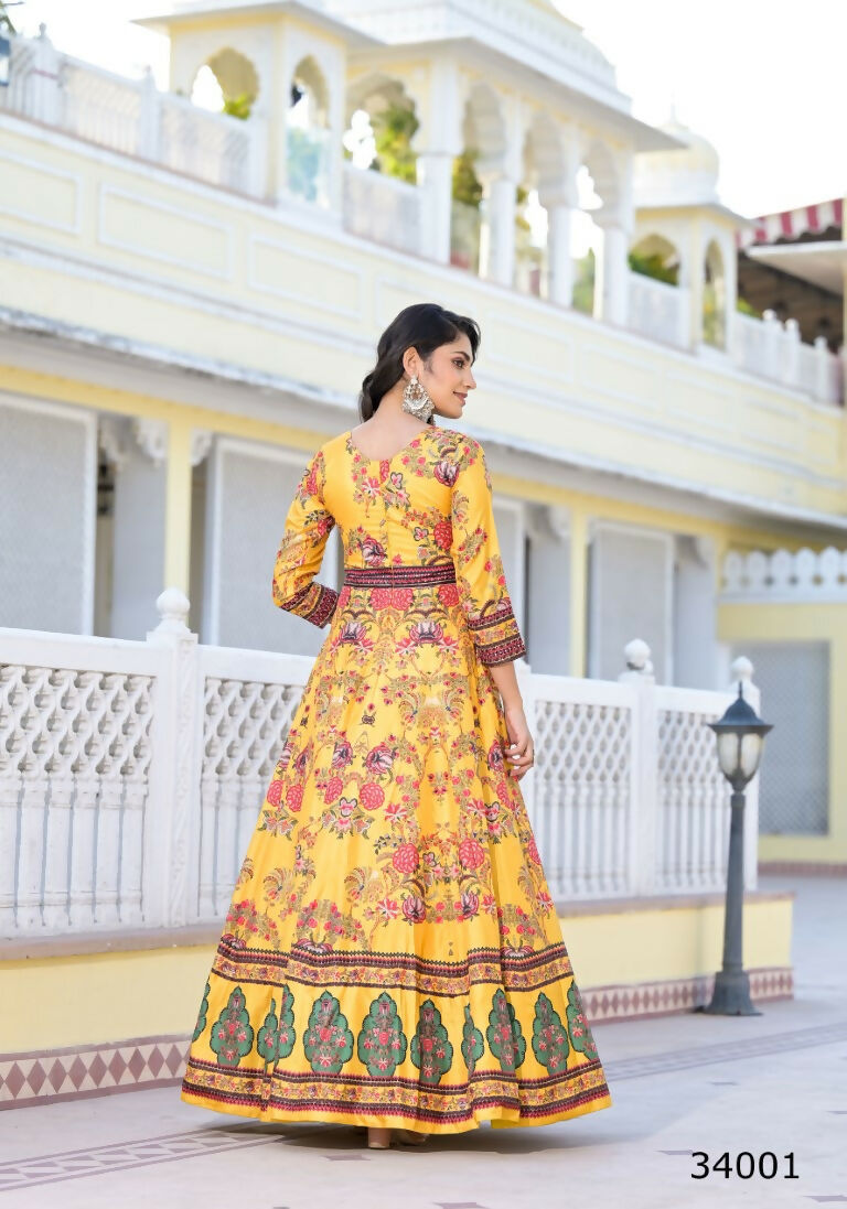 Partywear Designer Yellow Dola Silk Anarkali suit with Dupatta - Suzen - Distacart