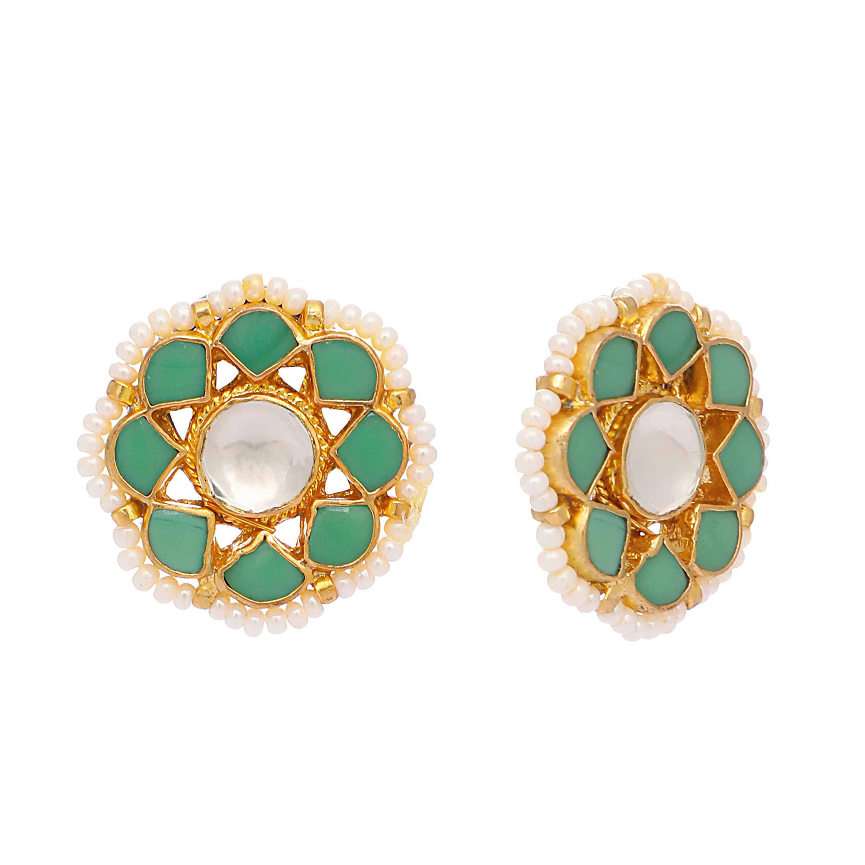 Nuyug 22K Gold-Plated Green Kundan Studded & Pearls Beaded Floral Shaped Studs