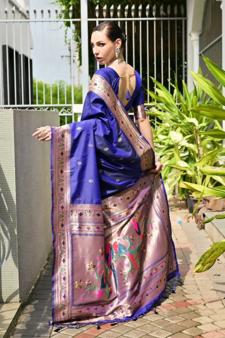 Vishnu Weaves Women's Royal Paithani Silk Zari Woven Saree with Blouse