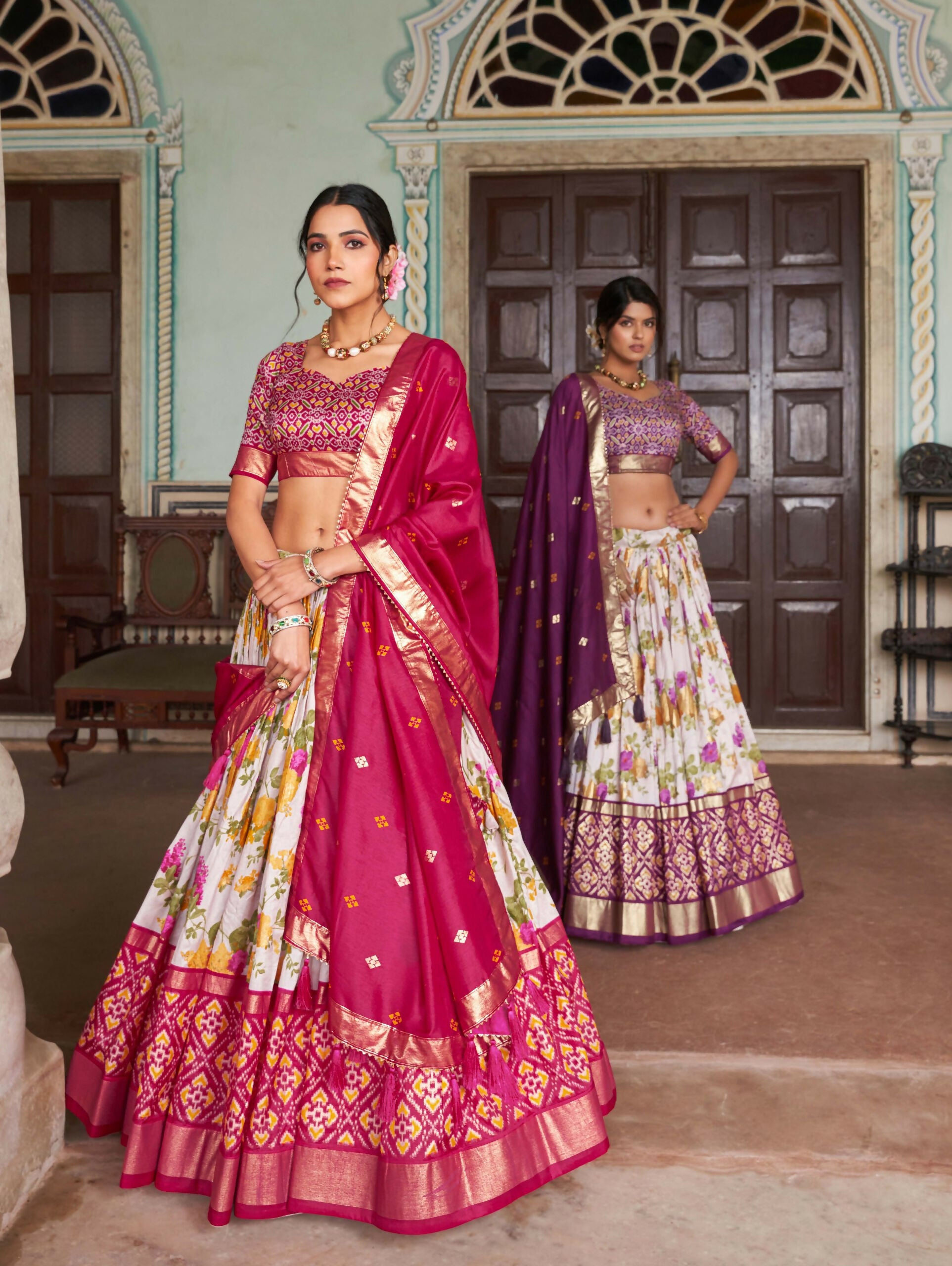 Vastranavya Exquisite Tussar Silk Lehenga Set With Perfect Floral And Patola Print Design Lehenga Choli - Red - Distacart