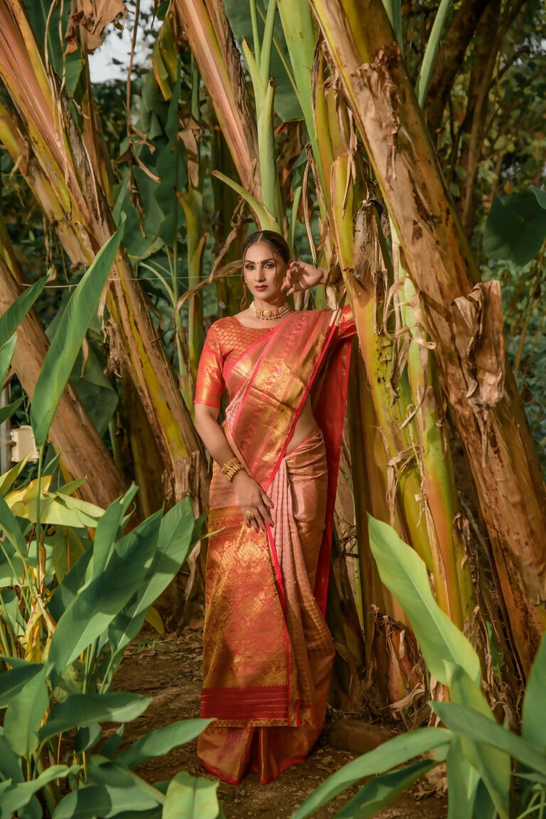 Jyoti Fashion Women's Peach Kanjivaram Silk Zari Woven Saree with Blouse - Distacart