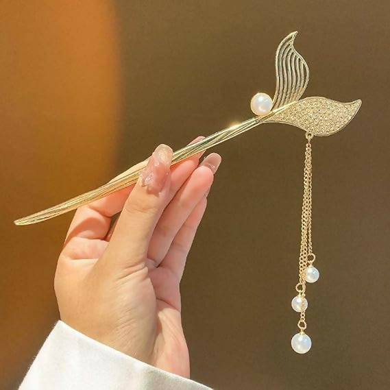 Joban Fashion Gold Metal Hair Stick Pearl Tassel Hair Vintage Mermaid Tail Hairpin