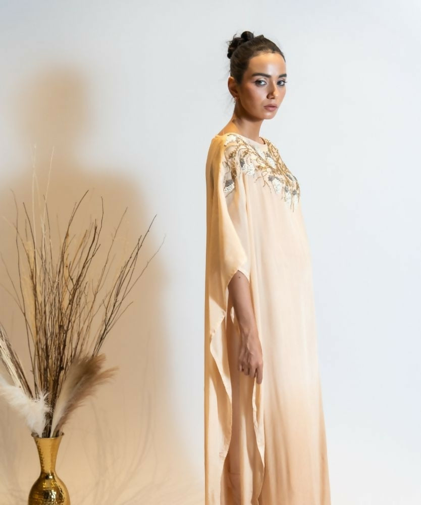 Timaraa Champagne Beige Ombre Embellished Georgette Kaftan Dress - Dista