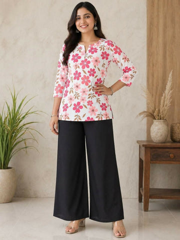 Teeya Creation Women White & Rani Pink Bold Floral Printed Cotton Kurti with Black Wide-Leg Palazzo Set - Dista