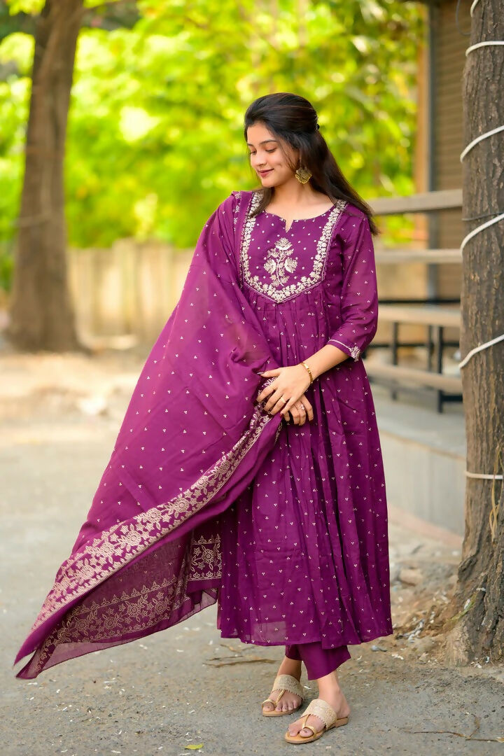 The52 Women's Beautiful Cotton Fabric Embroidery Work Flared Anarkali Pant and Dupatta Set - Distacart