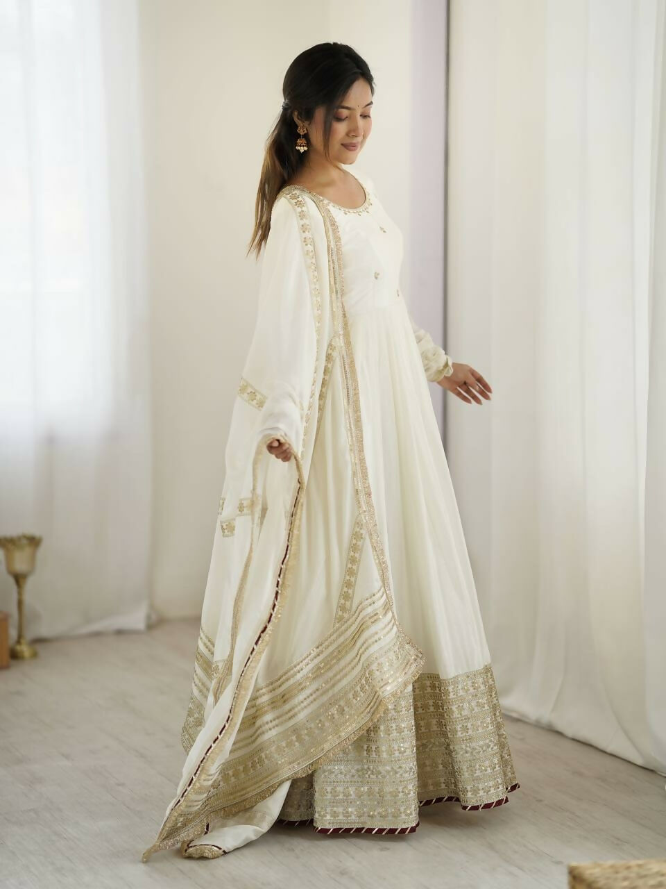 Teeya Creation White Chinon Silk Gown