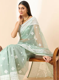 Thumbnail for Green Organza Geometric Embroidered Saree with Unstitched Blouse Piece - Roozal - Distacart
