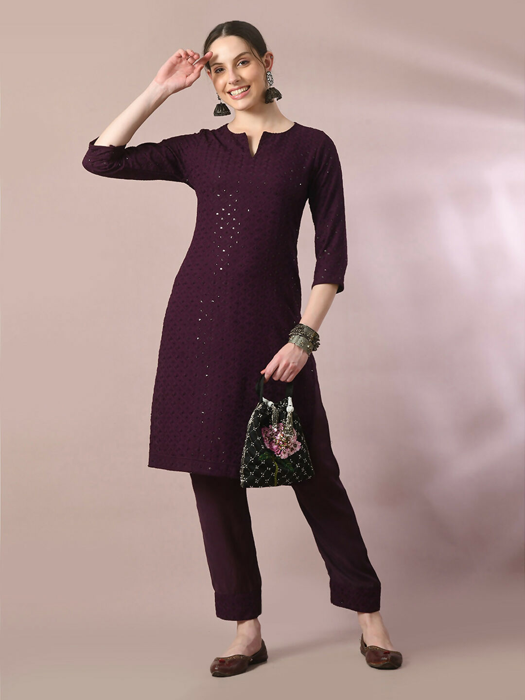 Myshka Women's Magenta Embroidered Cotton Straight Party Kurta Set - Distacart