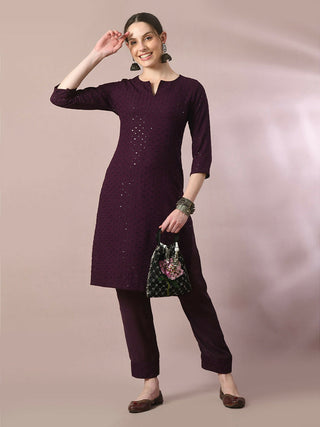 Myshka Women's Magenta Embroidered Cotton Straight Party Kurta Set - Distacart