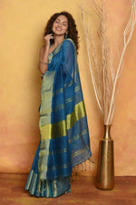 Thumbnail for Very Much Indian Handloom Pure Cotton Linen Saree With Golden Border - Serene Blue - Distacart