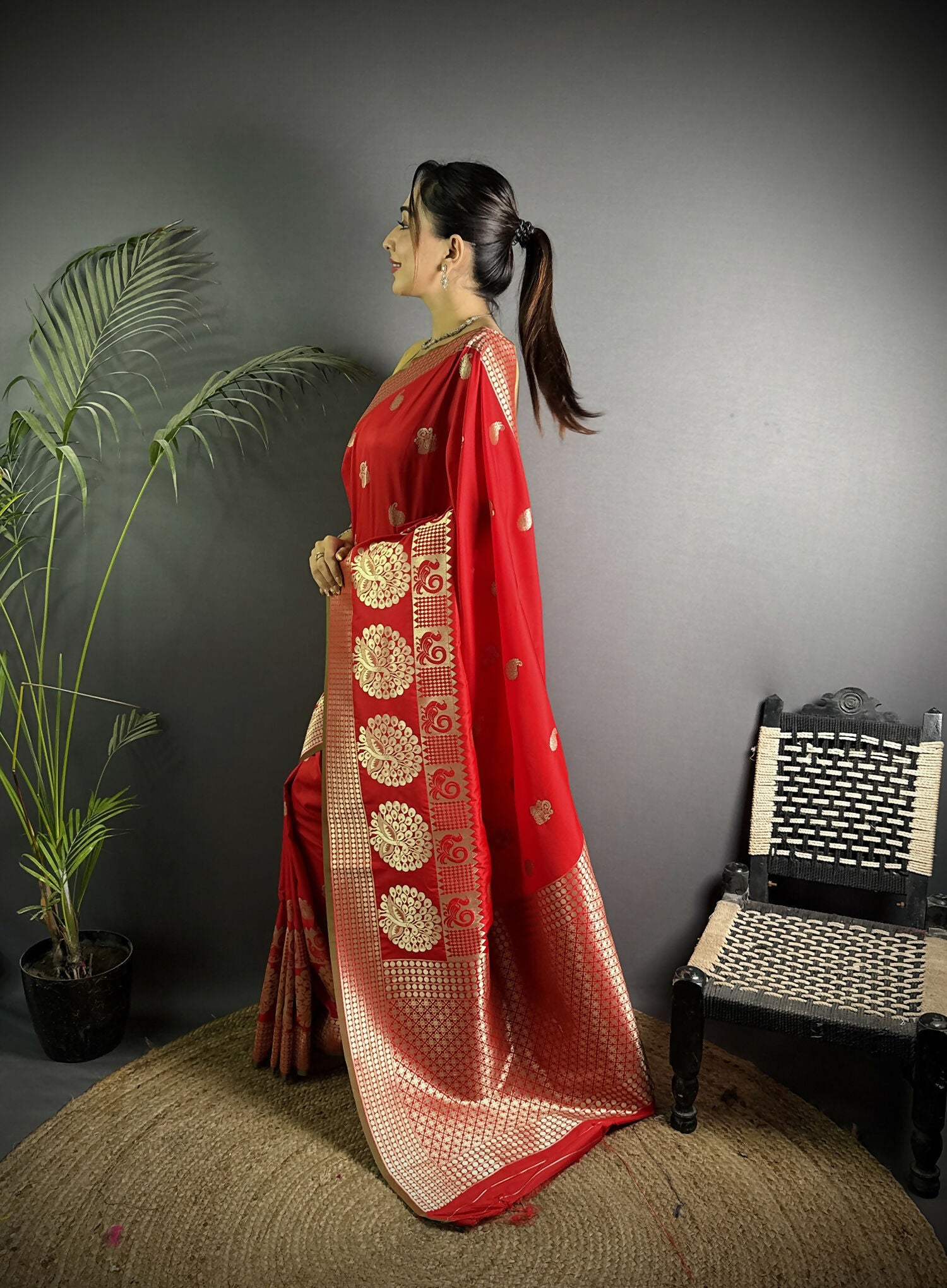 Joban Fashion Red Banarasi Soft Lichi Silk Paisley Saree
