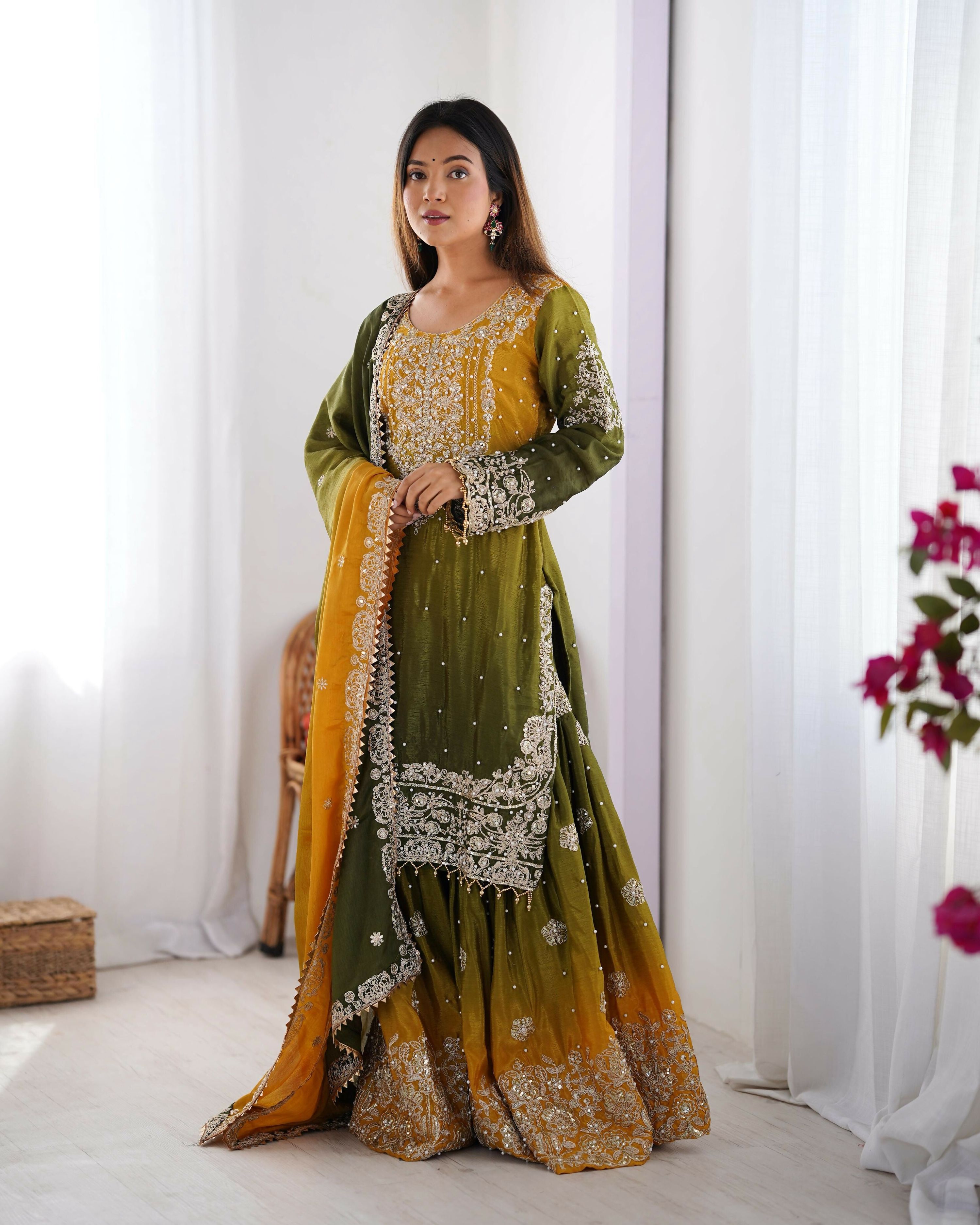 Joban Fashion Green Palazzo Chinon silk Coding Dori with Sequence with Rivet Moti
