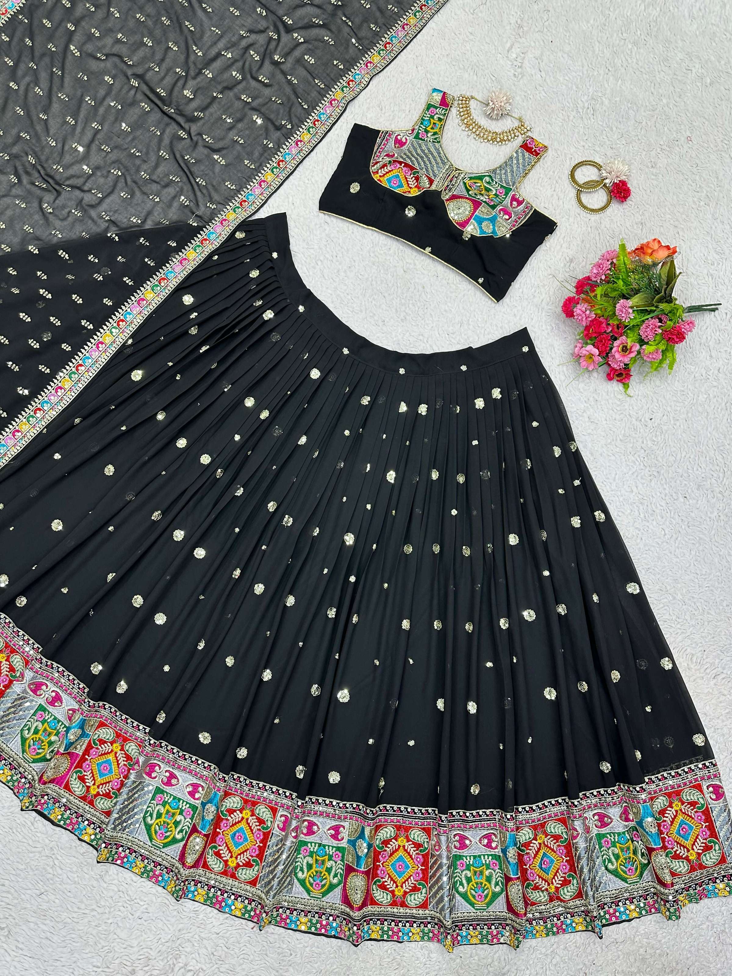 Preksha Creation Black Foux Georgette With Thread With 9Mm Sequence Women Lehenga Choli - Distacart