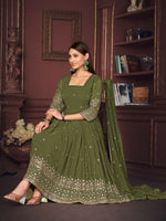 Thumbnail for Jyoti Fashion Women's Olive Green Georgette Embroidered Anarkali Kurta Pant Set With Dupatta - Distacart