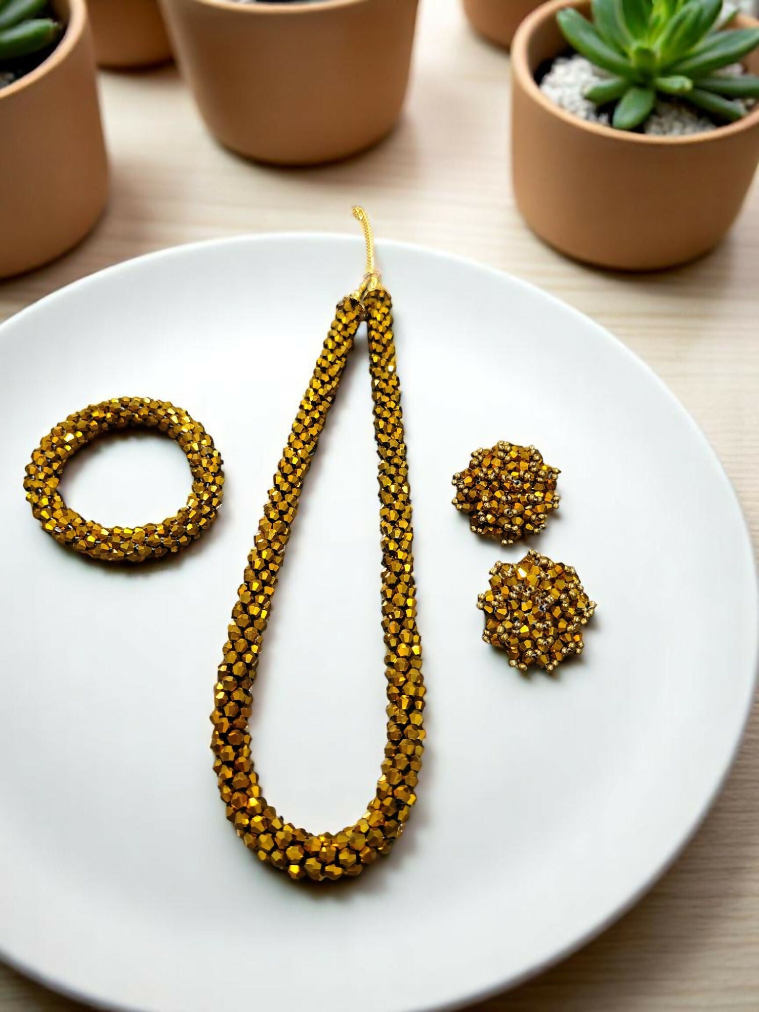 Inhanns Complete Look Crystal Statement 3-Piece Set (Adjustable Necklace + Earrings + Adjustable Bangle ) - Gold - Distacart