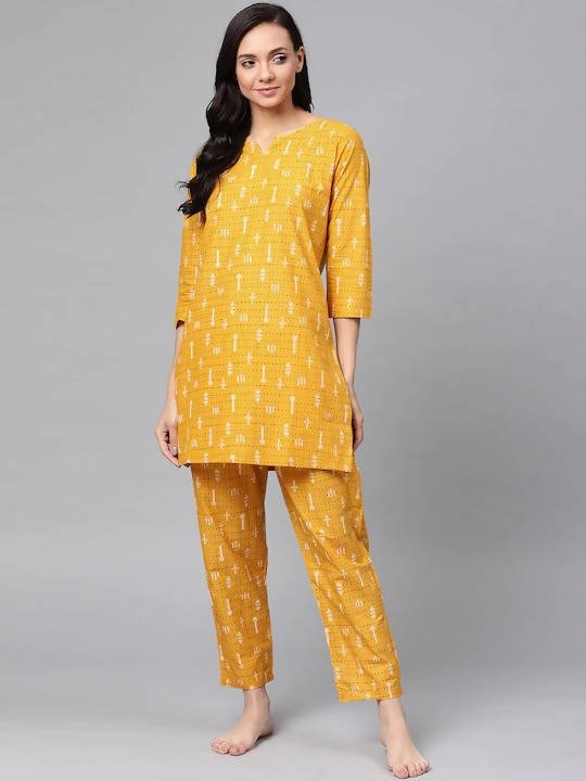 Anubhutee Mustard Yellow & Black Pure Cotton Printed Night suit - Distacart