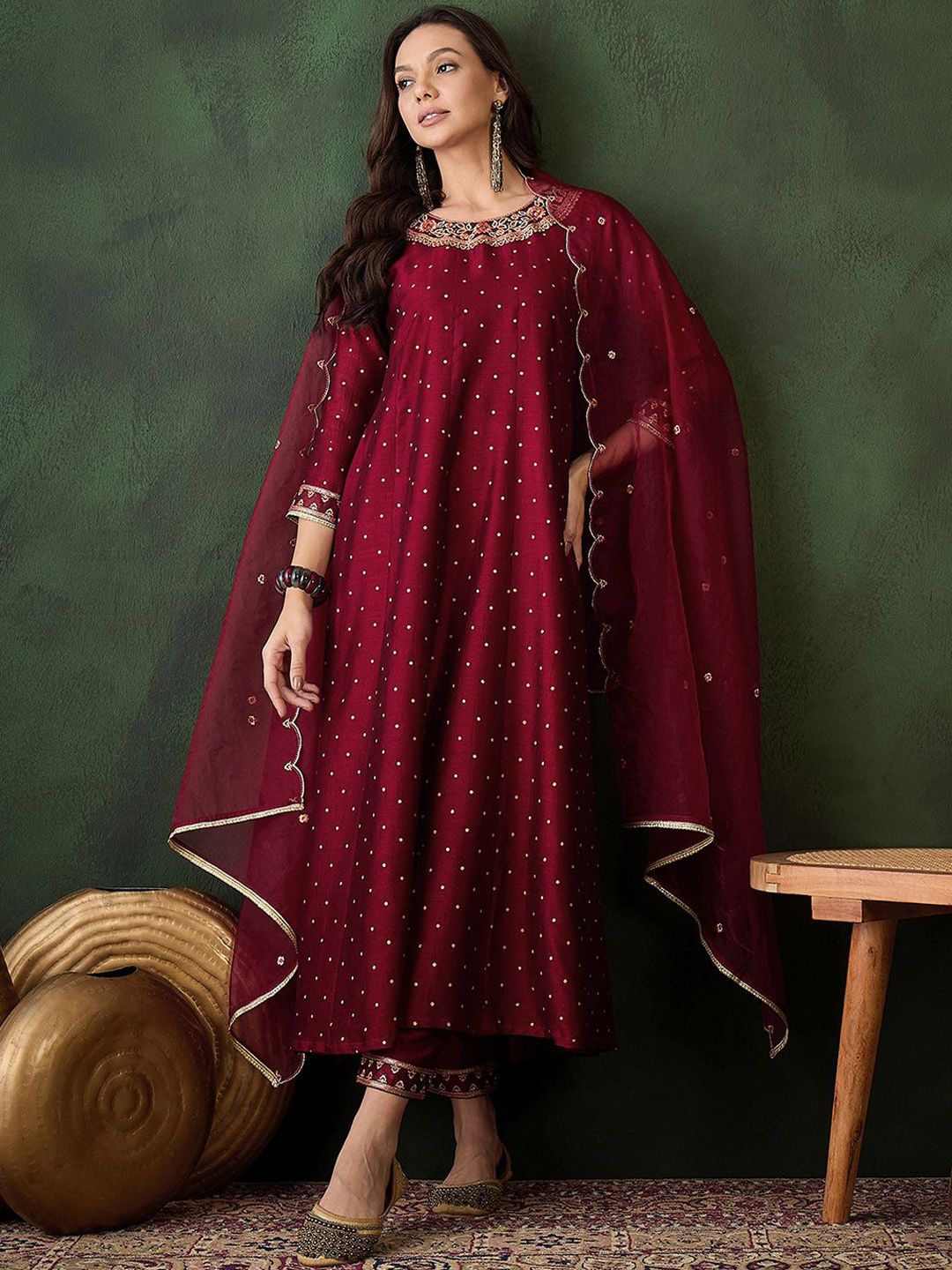 Sangria Geometric Printed Zari & Sequinned A-Line Kurta & Palazzo With Dupatta - Distacart